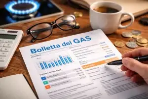 Bolletta del gas con dettaglio dei costi, calcolatrice e fornello acceso per spiegare consumi e prezzo del gas