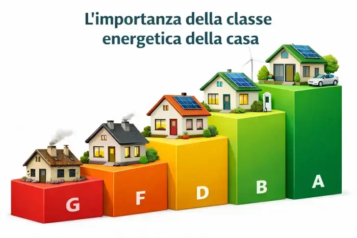 Grafico a gradini che mostra il miglioramento della classe energetica della casa dalla G alla A con colori e lettere identificative