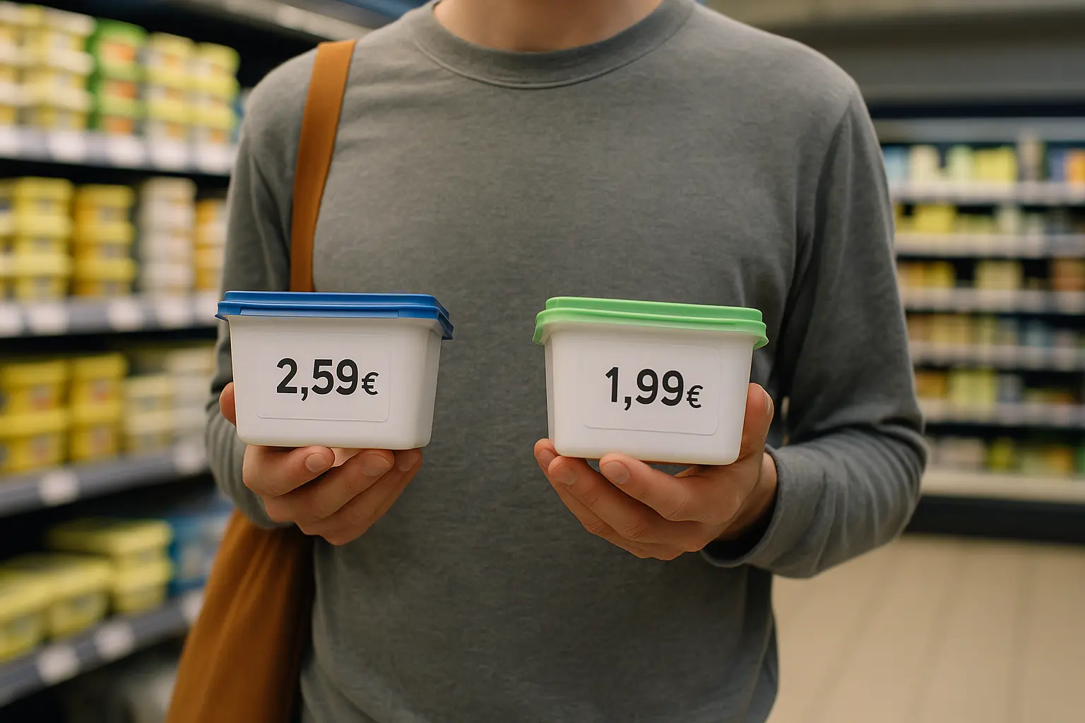 Persona al supermercato che confronta due prodotti da banco frigo con prezzi diversi