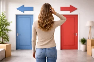 Persona davanti a due porte che rappresentano una scelta importante e il momento della decisione