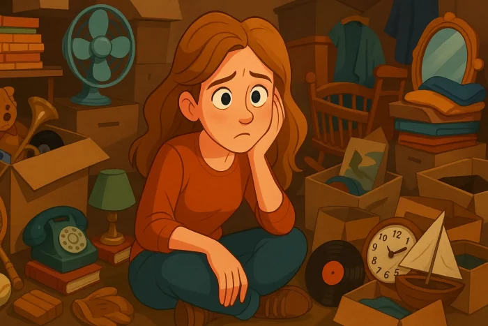 Illustrazione in stile Disney di una persona immersa tra tanti oggetti, simbolo dell’accumulo e della difficoltà di liberarsi del superfluo.