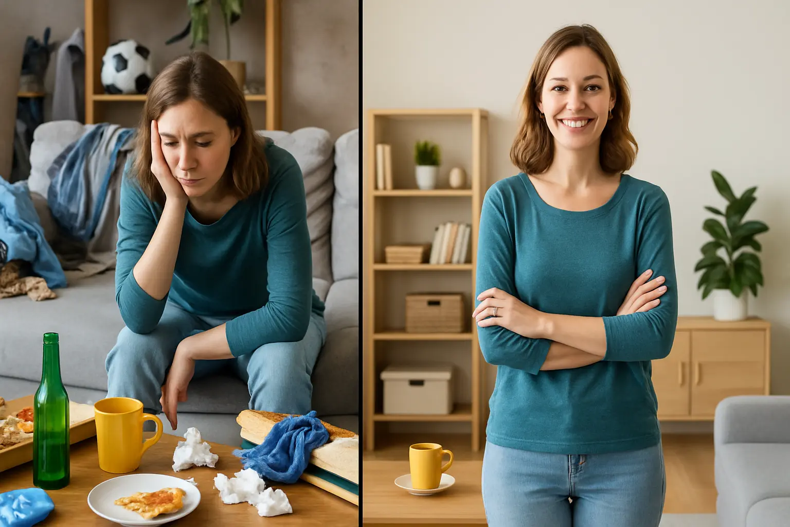 Confronto in un’unica foto tra una persona disorganizzata in una casa in disordine e la stessa persona in un ambiente pulito e organizzato.