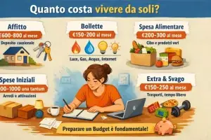 Infografica che mostra quanto costa vivere da soli con esempio di budget mensile tra affitto, bollette, spesa alimentare e spese iniziali.