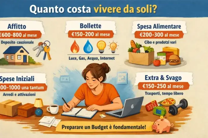 Infografica che mostra quanto costa vivere da soli con esempio di budget mensile tra affitto, bollette, spesa alimentare e spese iniziali.