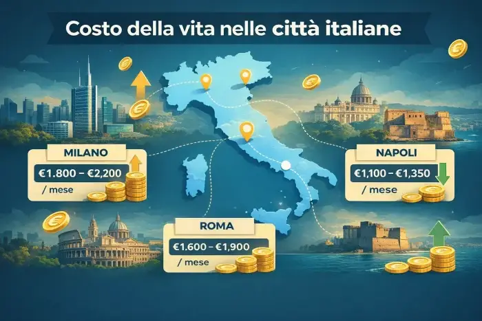 Infografica sul costo della vita nelle città italiane con confronto tra Milano, Roma e Napoli