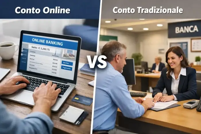 Confronto tra conto corrente online su laptop e conto corrente tradizionale in filiale bancaria