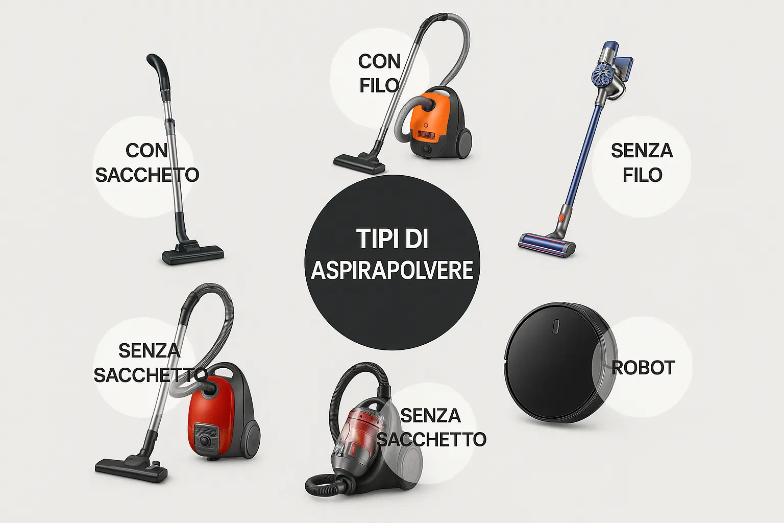 Infografica fotografica che mostra le cinque principali categorie di aspirapolvere: con filo, senza filo, con sacchetto, senza sacchetto e robot autopulenti.