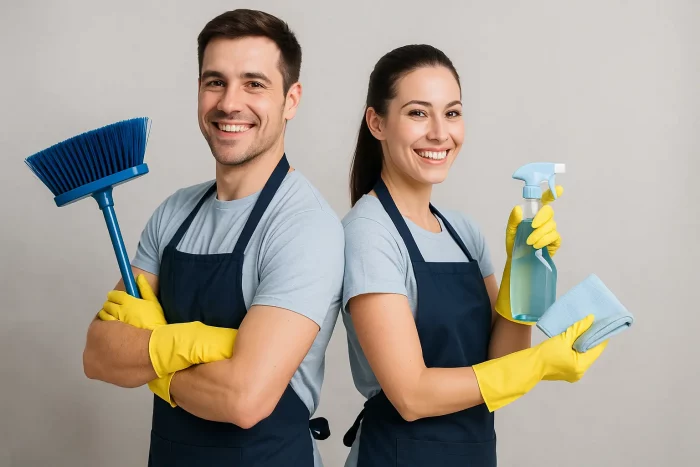 Uomo e donna collaboratori domestici sorridenti, schiena a schiena, con attrezzi per le pulizie in mano.