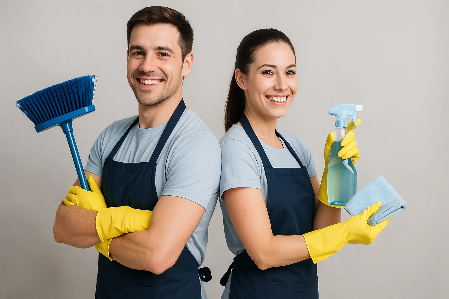 Uomo e donna collaboratori domestici sorridenti, schiena a schiena, con attrezzi per le pulizie in mano.