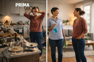 Confronto prima e dopo: una casa disordinata e stressante e la stessa casa pulita, con la colf che sorride mentre la proprietaria la guarda sollevata