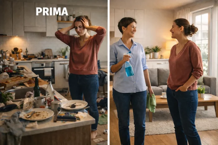 Confronto prima e dopo: una casa disordinata e stressante e la stessa casa pulita, con la colf che sorride mentre la proprietaria la guarda sollevata