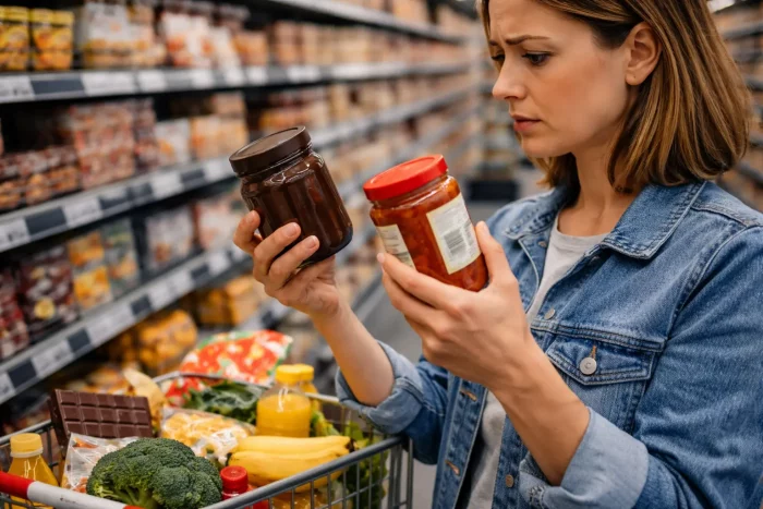 Persona al supermercato che confronta due prodotti prima di scegliere cosa comprare