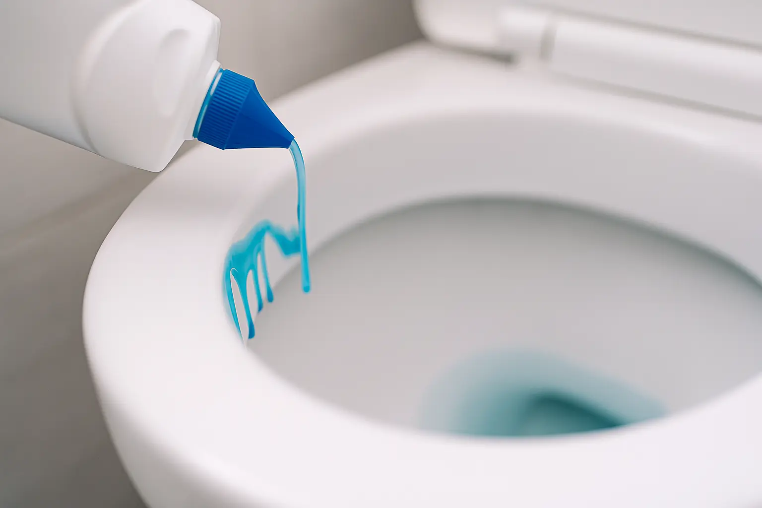 Dettaglio di detergente distribuito sul bordo interno del WC durante la pulizia del water.