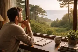 Persona seduta alla scrivania con una penna in mano che guarda fuori dalla finestra, persa nei propri pensieri