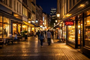 Città illuminata di sera con negozi aperti e attività commerciali durante l’orario serale