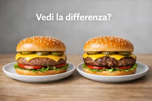 Due hamburger affiancati: uno di carne sintetica e uno di carne tradizionale, mostrati per evidenziarne le differenze visive