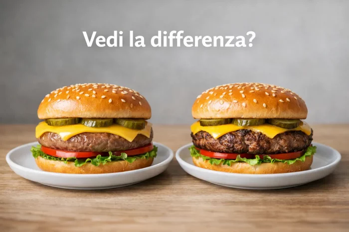 Due hamburger affiancati: uno di carne sintetica e uno di carne tradizionale, mostrati per evidenziarne le differenze visive