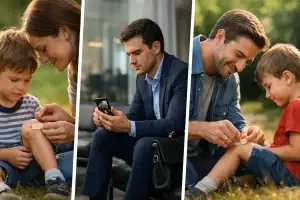 Le tre fasi della vita: un bambino consolato dalla madre, un adulto che affronta da solo le responsabilità e un padre che cura il figlio.