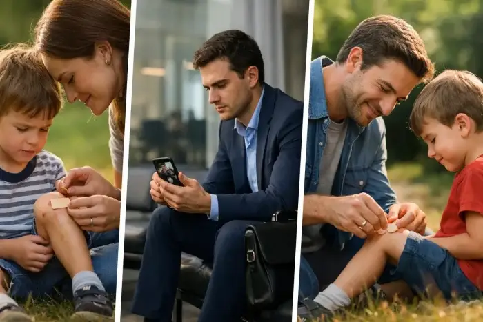 Le tre fasi della vita: un bambino consolato dalla madre, un adulto che affronta da solo le responsabilità e un padre che cura il figlio.