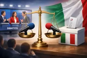 Bilancia con microfoni davanti a un’urna elettorale e a un dibattito televisivo: rappresentazione della par condicio nei media durante le elezioni.