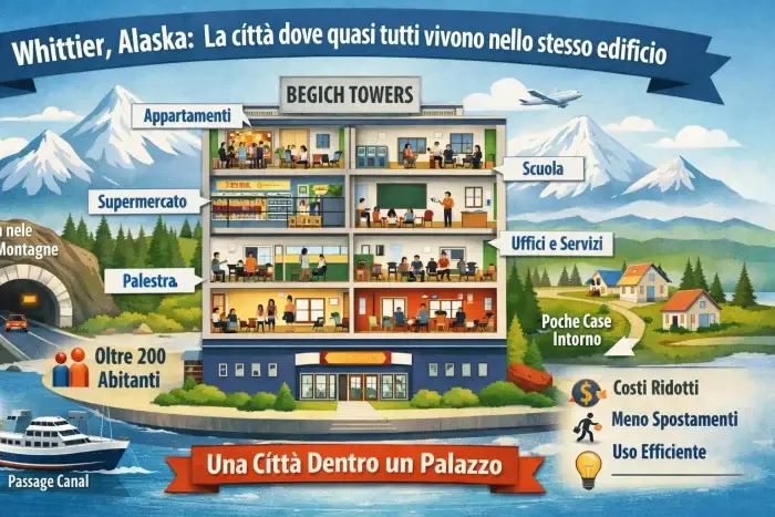 Infografica su Whittier in Alaska, la città dove quasi tutti gli abitanti vivono nello stesso edificio chiamato Begich Towers.