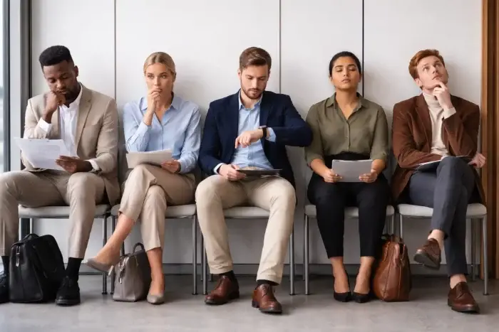 Persone sedute in sala d’attesa prima di un colloquio di lavoro, ognuna con un atteggiamento diverso