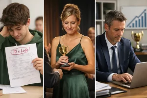 Studente con voto massimo, donna che riceve un premio e manager al lavoro che non festeggia: rappresentazione della sindrome dell’impostore.