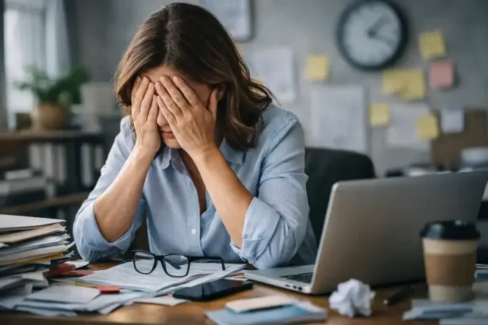Donna stressata seduta alla scrivania tra documenti e computer mentre si copre il viso con le mani