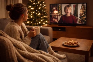 Persona seduta sul divano con una coperta, biscotti sul tavolino e una tazza calda, mentre guarda un film in TV durante una sera d’inverno