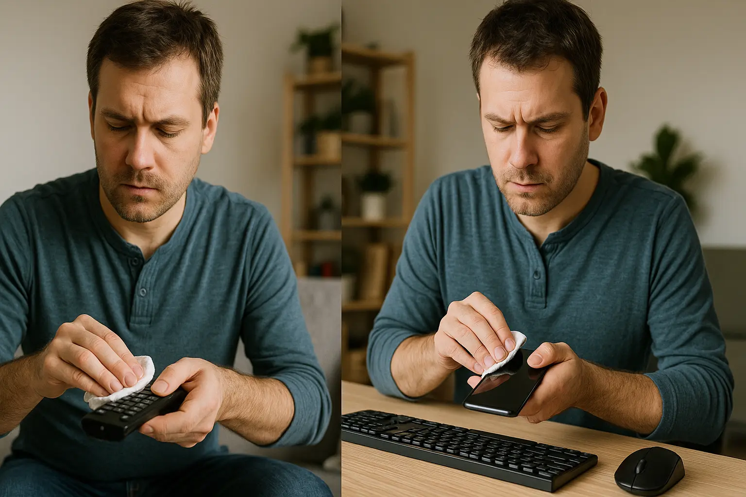 Uomo che pulisce il telecomando e lo smartphone con un panno igienizzante per rimuovere germi e batteri dalle superfici domestiche.