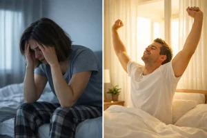 Confronto tra una persona stanca al risveglio e una persona riposata al mattino con luce naturale