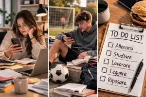 Tre scene di procrastinazione: una persona distratta dal telefono alla scrivania, uno studente che rimanda lo studio e una to do list piena di attività non svolte.