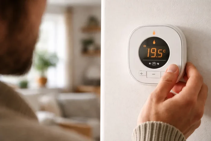 Persona che regola il termostato di casa per ridurre i consumi di gas e risparmiare sul riscaldamento