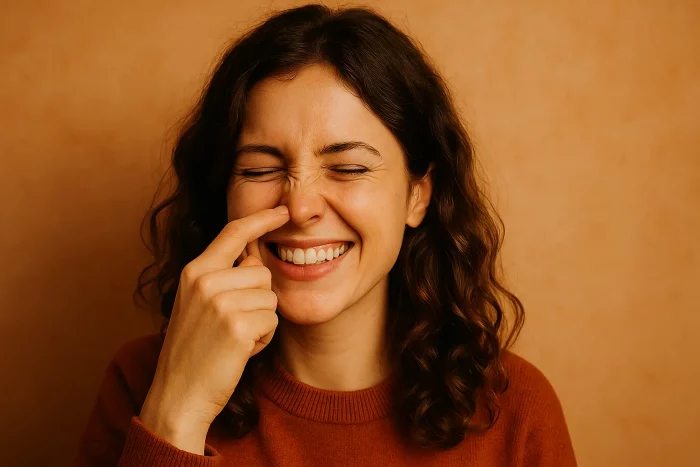 Donna che si tocca il naso e sorride, simbolo delle credenze popolari sul prurito nasale e dei detti tradizionali italiani.
