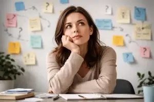 Persona pensierosa seduta a una scrivania che rappresenta l’overthinking e la difficoltà nel prendere decisioni nella vita quotidiana.
