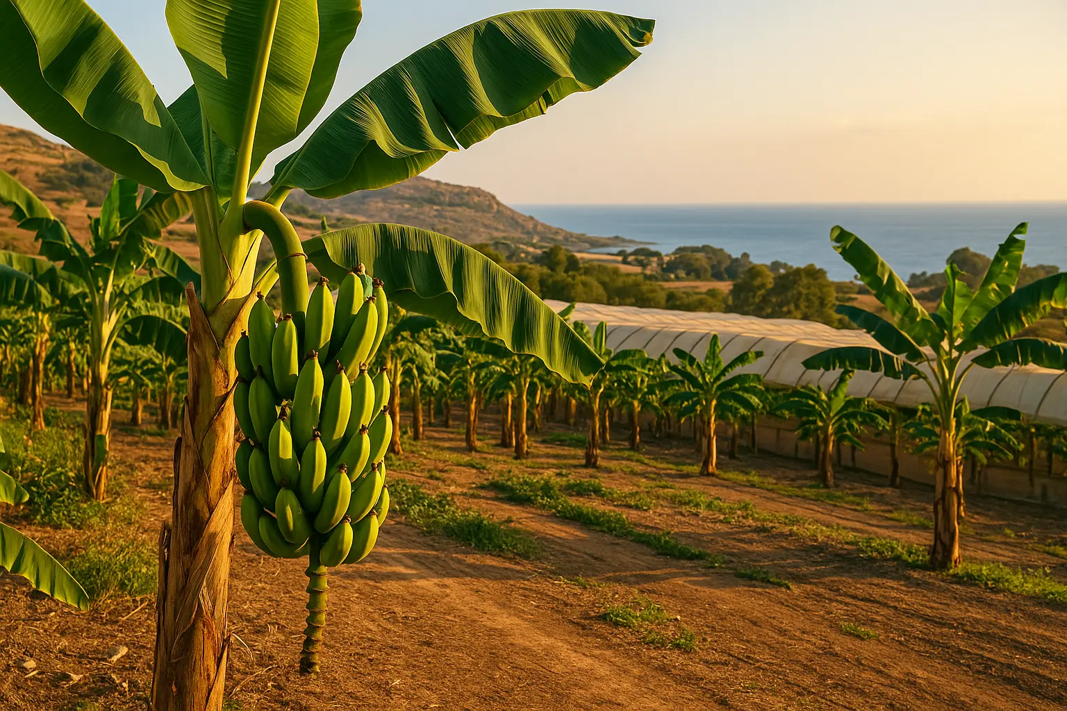 Pianta di banano in una coltivazione siciliana con vista sul mare, simbolo del cambiamento climatico e dell’agricoltura sostenibile nel Mediterraneo