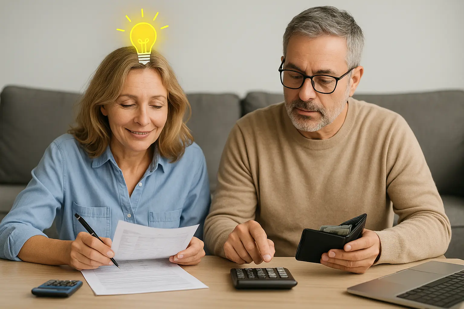 Persona che gestisce le finanze domestiche con un’idea brillante, simbolizzata da una lampadina accesa