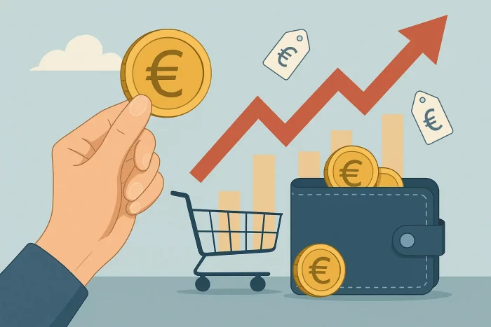 Illustrazione concettuale sull’inflazione con monete in euro, portafoglio, carrello e freccia rossa che mostra l’aumento dei prezzi.