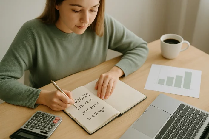 Persona che pianifica le proprie spese su un taccuino con calcolatrice e laptop, simbolo di gestione finanziaria equilibrata
