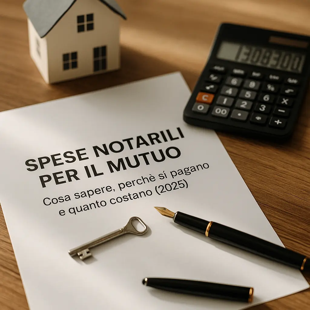 Documento con titolo “Spese notarili per il mutuo”, chiave, penna stilografica e calcolatrice su scrivania in legno.