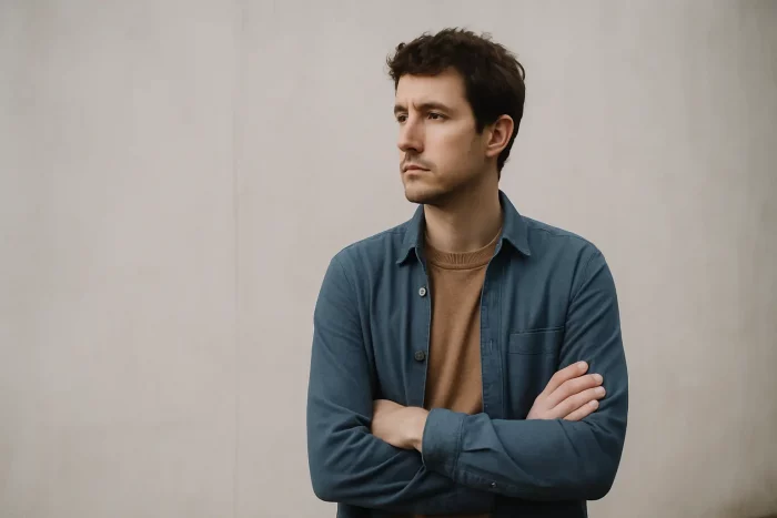 Persona riflessiva che guarda lontano, simbolo dell’equilibrio tra ambizione e consapevolezza personale.