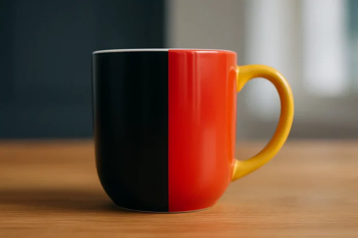 Tazza vista dall’alto divisa in due metà: una scura e una dai colori caldi metallici, simbolo del confronto tra Batman e Iron Man e delle loro diverse visioni economiche.