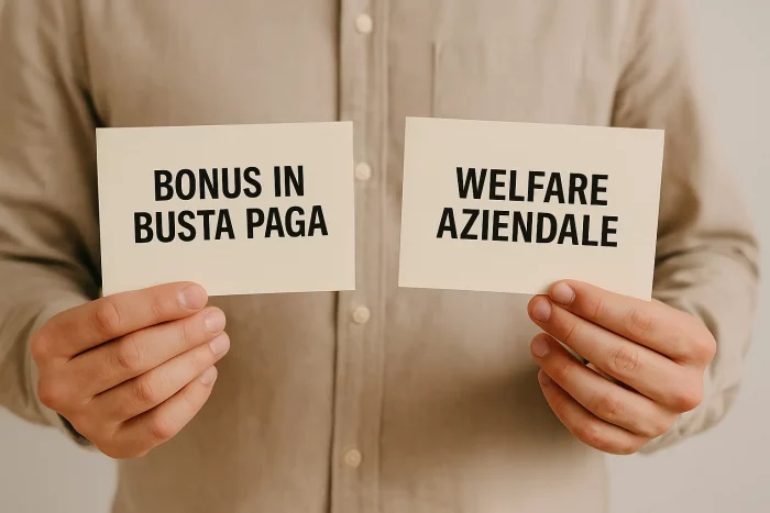 Mani maschili che tengono due buste con le scritte “Bonus in busta paga” e “Welfare aziendale”, simbolo della scelta tra le due modalità di premio.