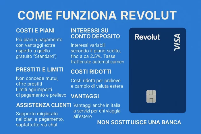Infografica che spiega come funziona Revolut, con dettagli su costi, piani, interessi e servizi del conto digitale.