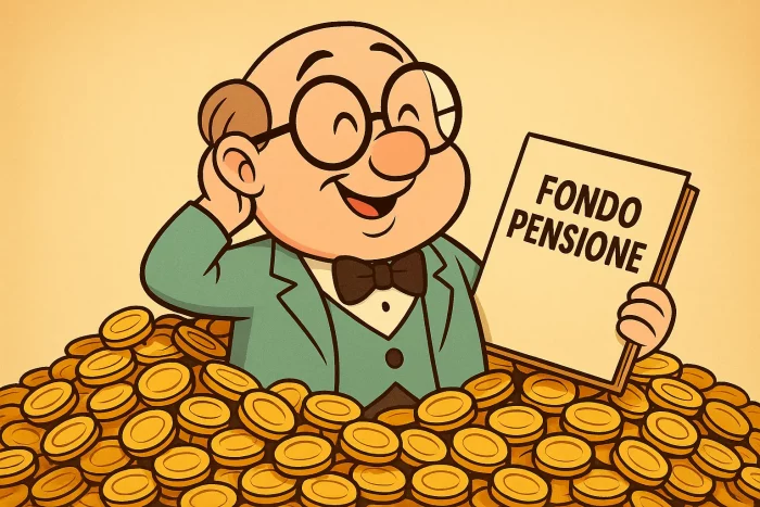 Illustrazione cartoon di un personaggio sorridente immerso nelle monete mentre tiene un fascicolo con la scritta “Fondo Pensione”, simbolo della previdenza integrativa.