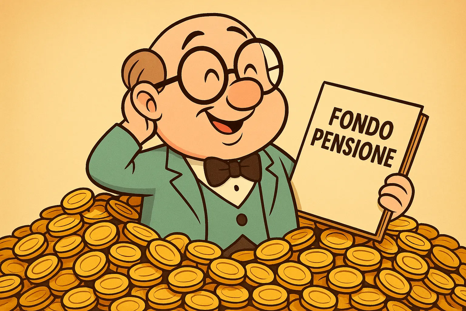 Illustrazione cartoon di un personaggio sorridente immerso nelle monete mentre tiene un fascicolo con la scritta “Fondo Pensione”, simbolo della previdenza integrativa.