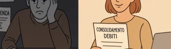 Confronto visivo tra una persona sopraffatta da debiti e scadenze e una serena con il documento di consolidamento debiti, simbolo di equilibrio finanziario ritrovato.