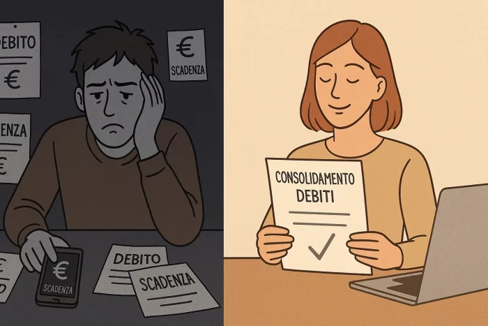 Confronto visivo tra una persona sopraffatta da debiti e scadenze e una serena con il documento di consolidamento debiti, simbolo di equilibrio finanziario ritrovato.