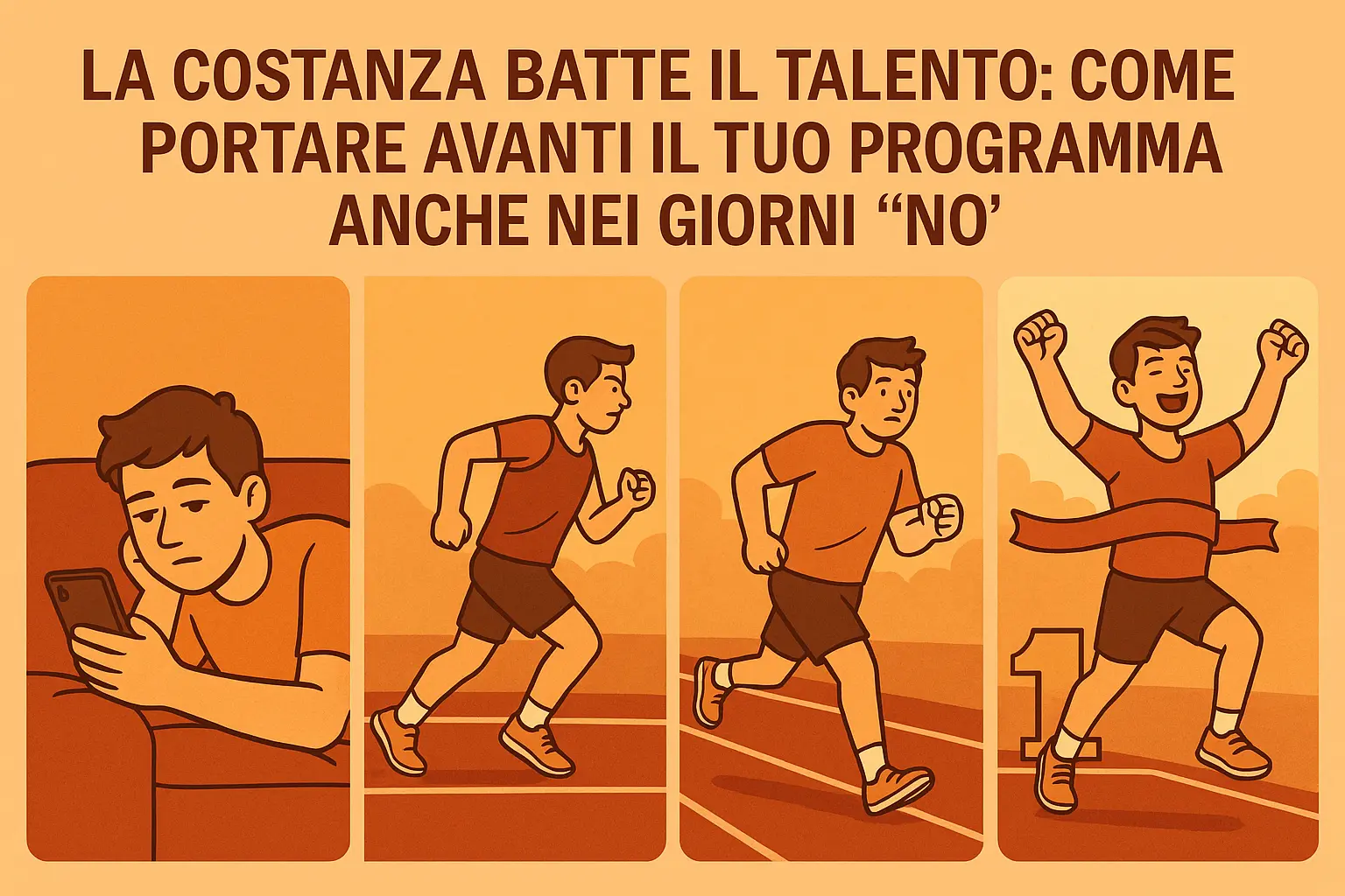 Illustrazione calda in quattro scene che mostra il percorso da chi rimanda a chi, con costanza, conquista il successo.