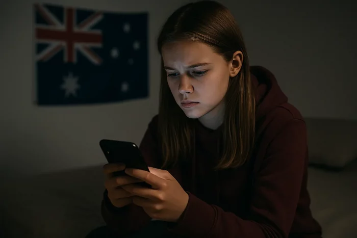 Adolescente preoccupata mentre guarda lo smartphone, con bandiera australiana sullo sfondo – tema del divieto social ai minori di 16 anni in Australia